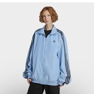 NWT women’s Adidas Originals Oversized Firebird Blue Jacket Black Stripes XL $90